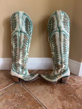 Corral Distressed Leather Turquoise & Brown Over-the-Knee Western Boots Size 6